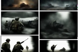 Masterpiece1:5)(Fineart), (award-winning:1.5), highest quality, (ultra realism:1.5) war journalism(,(by Tim Page and Hoorst Faas:1.5))(photorealistic:1.8),RAW pictures (Eastern Ukraine:(panel one:the moment after a battle ends, horrors of war, wounded men),(2nd panel, cinematic shot of men sitting in trench with 1000 yard stare (focus on their eyes:1.5)),(the third panel shows troops tired but hyper alert), (the fourth panel shows the sky is filled with incessant, fire and smoke,)