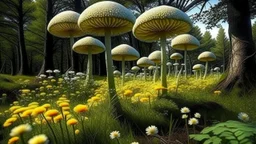 alien woodland trees looking like mushrooms with multi stemmed dandelions