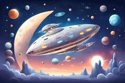 flat round silver light FANTASY spaceship in starry sky with planets