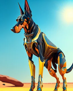 Hombre antropomórfico vista frontal orejas de perro Doberman obra de arte traje futurista hiperdetallado fantástico nítido cuerpo completo cabeza completa cabeza no recortada piernas completas botas completas botas no recortadas altura 1,75 clima soleado arte arte digital colores contrastantes 8k