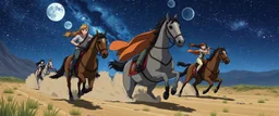 bobby stealing cars on a different star, chased by women on horses, anime style
