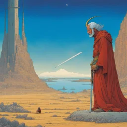 In the depths of the writer's mind, Moebius (Jean Giraud) brings to life the battle between God and the Devil. God, portrayed with wisdom and serenity, faces off against the mischievous Devil, crafted with cunning precision. Their clash unfolds on the cosmic canvas of Moebius's iconic artwork. The writer draws inspiration from this surreal spectacle, defying becoming a hack amidst deadlines and pressure. Through Moebius's masterful strokes, the eternal struggle between good and evil is vividly c