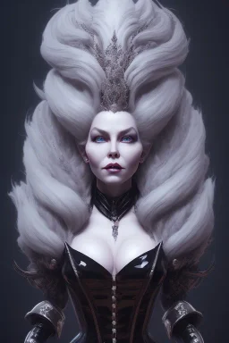 Mae West as evil queen in black leather, leather, busty, cleavage, angry, stern look. character design by cory loftis, fenghua zhong, ryohei hase, ismail inceoglu and ruan jia. unreal engine 5, artistic lighting, highly detailed, photorealistic, fantasy