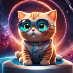 (masterpiece, best quality, 8k, RAW photo, beautiful and aesthetic:1.2), complex detail, Indirect light, photorealistic, (((full body))), Cosmic Boss Baby style smiling, bald, with a ginger cat, colorfull Sci-Fi environment