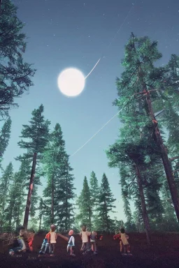 school kids see ufo flying over tall pine trees near a powerline with three lights underneath the year is 1966 in color, concept art, by Asaf Hanuka, by Weta Digital, Electric Colors, Screen Space Global Illumination, in a symbolic and meaningful style