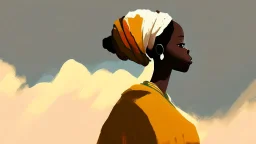 Design, African woman, oil painting, featureless, graphic, drawing without facial features, background, sky, traditional clothes, cartoon, looking left