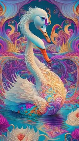 a psychedelic swan in a colorful wonderland