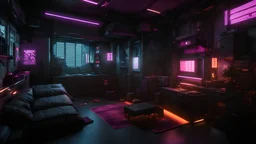 Cyberpunk apartment. Detailed. Rendered in Unity. Japanese elements. Purple lighting.