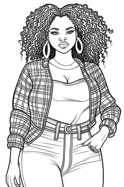 black curvy woman eyes front camera coloring page fashion style full body