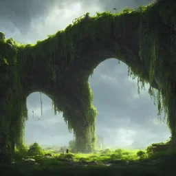 stone arch covered in plants, hanging vines, floating inside an enormous spherical chamber, cinematic, dramatic lighting, cinematic view, epic sky, detailed, concept art, low angle, high detail, warm lighting, godrays, vivid, beautiful, by jordan grimmer, trending on artstation, huge scene, grass, art greg rutkowski