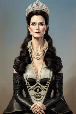 painting of crownprincess mary of denmark as evil queen in black leather, feminie, angry, stern look on her face, volouptous, busty, cleavage, emperious, mature, highly detailed, digital painting, artstation, concept art, smooth, sharp focus, illustration, art by gaston bussiere and alphonse mucha