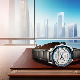 very close up of a very big luxury wrist watch with dark mirror glass stands on table in balcony skyscraper and reflects modern city environment image , to the camera ,centered.