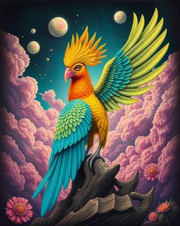 Lowbrow pop surrealism hallucinogenic bird of majestic beauty and glory