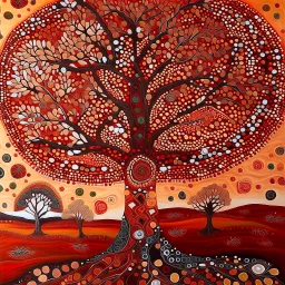 Aboriginal art of Boab Tree in the Australian outback, earthy colours of dark reds and browns , Aboriginal patterns and dots and symbols