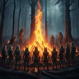 close up one large bonfire with its flames rising high in a clearing, around the bonfire many anthropomorphic wolf humanoids crying, dancing, singing and just watching the flames. rain, cold deep colors, around them in the background dark trees with huge trunks, rainy day, high contrast, high detail, atmospheric, dark fantasy, sci-fi atmosphere, cinematic