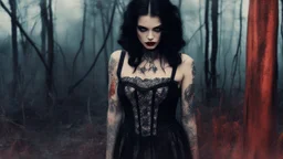 The Dark Lord's Granddaughter is a witch with her bloody fangs, covered by tattoos and lace agent provocateur dress [vintage style noisy scratches glitches, Shot the texture and then rewound the film and double exposed from a 1970 B series movie] she stands poised on hands and knees