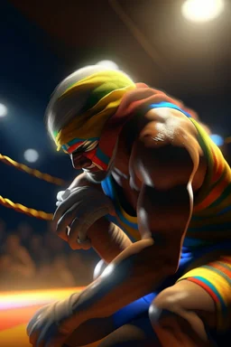 wrestler in the ring doing a piledriver on a scarecrow, 4 k, down-light, soft light, depth of field, photo realism, trending on art station, high detail, spray paint