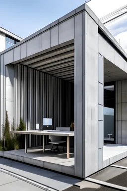 a concrete outdoor open office for check in for an exhibition
