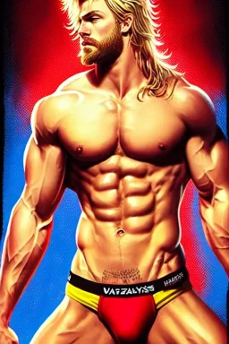 Ignore NSFW, teenager young rugged attractive slightly muscular fantasticly handsome blonde man, red briefs with yellow belt, hairy chest, (((visibly pisssing))) briefs, large erect visible boner peniss, photorealistic, artist Jay Anacleto, soft lighting, scruffy beard