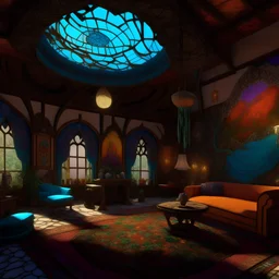 A stunning, high-definition 3D render of a whimsical, stylized Gothic fractal showcasing contrasting and vibrant colors, combining elements of Bohemian and Nubian art styles. The scene is set in a captivating living room with a colorful cave rocks ceiling and walls, complete with stylish furnishings including a cozy rug and an exquisite painting adorning the wall. The centerpiece of the room is a beautifully rendered 3D depiction of a shaman, creating a mesmerizing ambiance. This remarkable art
