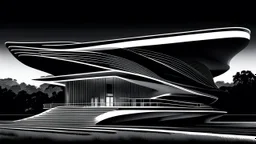 Casa campestre estilo Zaha Hadid, аrte lineal, fondo negro, cuerpo completo retrato