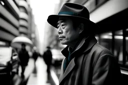 fotografía en blanco y negro, un hombre vestido con abrigo y sombrero de ala ancha, en un calle de una ciudad japonesa, figura difuminada en primer plano, mirada lateral, de fondo las líneas de la perspectiva se entrelazan uniéndose en un punto al fondo, arrecia una tormenta, fotografía realizada con cámara Leica y objetivo de 35 mm
