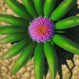 microphotography top-down view of a single flower, one flower, high definition, detail, HD, 8k, realistic, 3d rendering, blender, photography, fisheye, bulge, bokeh microbiology, intricate, detailed, blues, reds, yellows, greens, pinks, purples, oranges, indigos