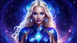 Full body portrait of a peaceful smiling gorgeous blonde Goddess of the galaxies with a blue indigo purple skin, high skul, luminous eyes
