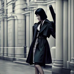 A beautiful slender young Asian woman with short black hair and a black trench coat, waiting for a man at night at a train station in London