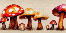 exquisite whimsical mushroom watercolor, delicate mushroom, cute, adorable, linen backdrop, warm colors