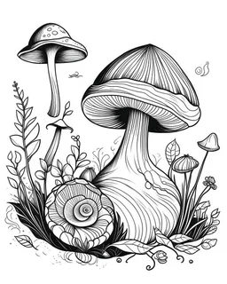 mushroom world with snail minimalistic landscape. line art, background, vector, svg, coloring book page style, black outline on white background