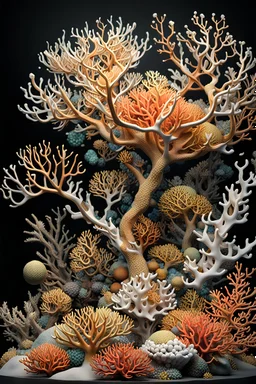 3D rendering of Expressively detailed and intricate of a hyperrealistic “coral reef”: side view, scientific, single object, glossy white, shinning gold, vines, tribalism, black background, shamanism, cosmic fractals, octane render, 8k post-production, detailled metalic bones, dendritic, artstation: award-winning: professional portrait: atmospheric: commanding: fantastical: clarity: 16k: ultra quality: striking: brilliance: stunning colors: amazing depth