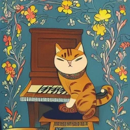 cat playing piano in style of mescal art