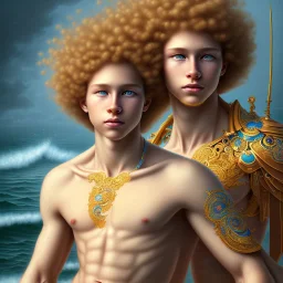 intricate, sharp focus, highly detailed, digital painting, Paul Lewin and Kehinde Wiley, full body image of a beautiful 12 year old boy with long, blonde curly hair and light blue eyes, smiling, shirtless, in front of an distant beach