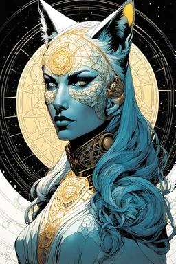 create an ethereal, otherworldly anthropomorphic Lynx woman utilizing sacred geometry, Fibonacci sequence, golden ratio, in the comic book art style of Mike Mignola, Bill Sienkiewicz, and Jean Giraud Moebius, with highly detailed and finely inked , dramatic natural lighting