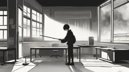 monochromatic japanese classroom with a shadowy figure looking out the window holding a transparent key emanating glow that colors the surroundings, anime