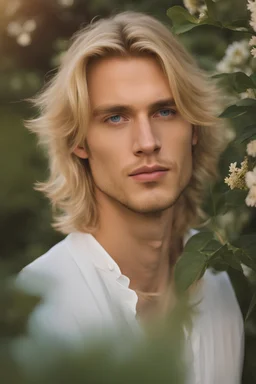 Perfect 25 year old blond man, amazing beauty, very light long blond hair, shoulder length, blond as a light sun, blue eyes like the sky, tall and strong body, male face, lost look in a garden looking at the sun