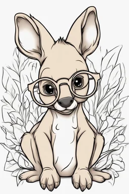 Outline art for cute coloring pages with kangaroo with glasses, full body, white background, sketch style, only use outline, clean line art, no shadows and clear and well outlined.