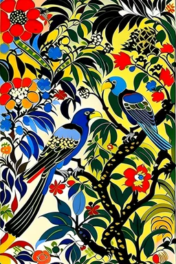 intricate intertwined flowers and branches, parrots and sparrow sitting on the branches by Henri Matisse: