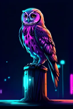 Spotted owl on post, Speedpainting, line art, inkpunk, neon-light, clean background