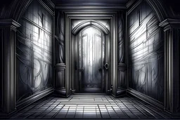 dark room inside metallic castle without windows, one lock door Mystical Wise beautiful pencil drawing, simplistic, architectural concept, pencil drawing style