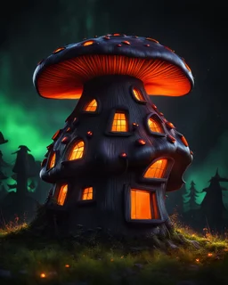 An asymmetrical mushroom house in the night sky. in space. Bright Bold Bright Colors, green orange black, Stark Dark background. Detailed Matte Painting, deep color, fantastical, intricate detail, splash screen, hyperdetailed, insane depth, Fantasy concept art, 8k resolution, trending on artstation, Unreal Engine 5, color depth, Deep Colors, backlit, splash art, dramatic, splash art Style. High Quality, Painterly, Whimsical, Fun, Imaginative, Bubbly, good detail, perfect composition,