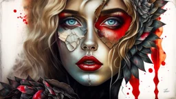 old canvas with worn torn folded edges and holes, cracks, heavily grained, broken lens effect, Iris wreath portrait Blonde woman, red lips, back tattoo, Alcohol ink, Hyperdetail, Anna Razumovskaya, Anna Dittmann, Luis Royo