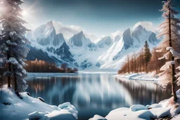 a beautiful view over the icy mountains and and a lake with some trees