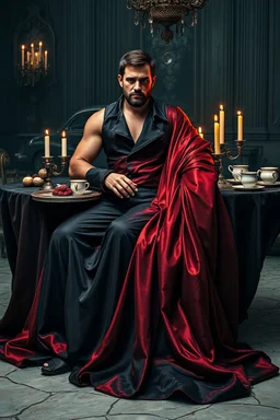 "prompt": "A dark, moody, surreal scene of a rugged auto mechanic at a decadent high tea. Instead of workwear, he now wears a flowing, high-fashion silk gown — glossy black with crimson undertones, draped dramatically yet smeared with streaks of oil and dust. BALL gown clings to his BUFF muscular frame while long folds cascade onto the cracked marble floor. He sits at a grand, candlelit tea table covered in black velvet, where tarnished silver trays hold eerie pastries, shattered porcelain cups