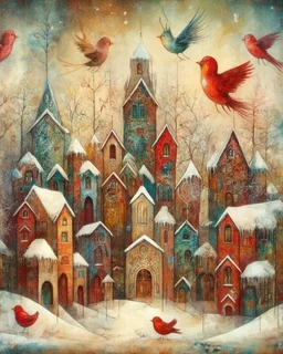 dance of snow-covered, whimsical, multicoloured houses of incredible architecture, bizarre Christmas trees and red, whimsical birds. Style of Inge Shuster, Catherine Hyde, Erica Hopper, Gabriel Pacheco, Jamie Heiden, Antoine Josse , Angelina Wrona, Duy Huyn, Cecilia Frigati, Esao Andrews. Abstract background with texture, grunge paper, mixed media art,acrylic, oil pastel, set of charcoal with different characteristics, pigments. Promt©valestok. Full size image, no text, no copyright. Modifiers:
