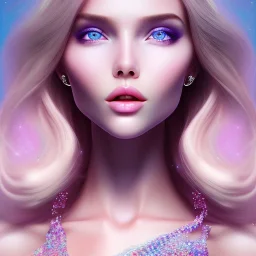 wonderful subtile face , beautiful, soft, blues eyes, smilinglong straight blonde hair, transparente pink crystal clothes, hight definition, 8k