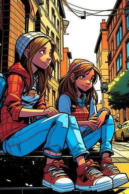 çizgi roman tarzıiki kız beraber sokakta oturuyorlar yaşları daha büyük liseliler daha renkli kızlardan birinin saçı kabarık diğerininki ise biraz uzun geniş açı ikisininde vücudu tam görünsün 2 boyutlu çizgi roman tarzı koyu gölgelendirme ayakları düzelt 3 boyutlu biraz daha üç boyutlu 3 boyutlu kızların fiziklerini değiştir yüz tiplerini değiştir keskin çizgiler olmasın