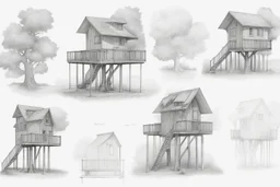 blueprint, tree house, four cabins, technical, illustration