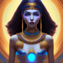 3D close-upand anime style of a beautiful Arab pharaonic girl, sarcastic smile, high contrast, glowing backlighting, blue and red backlighting, vibrant hair, dark brown eyes, sharp focus, high makeup, medium face painting, background blur.Mark Ryden